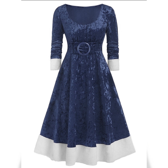 SLATE BLUE AND WHITE CRUSHED VELVET DRESS 3X - Picture 2 of 2